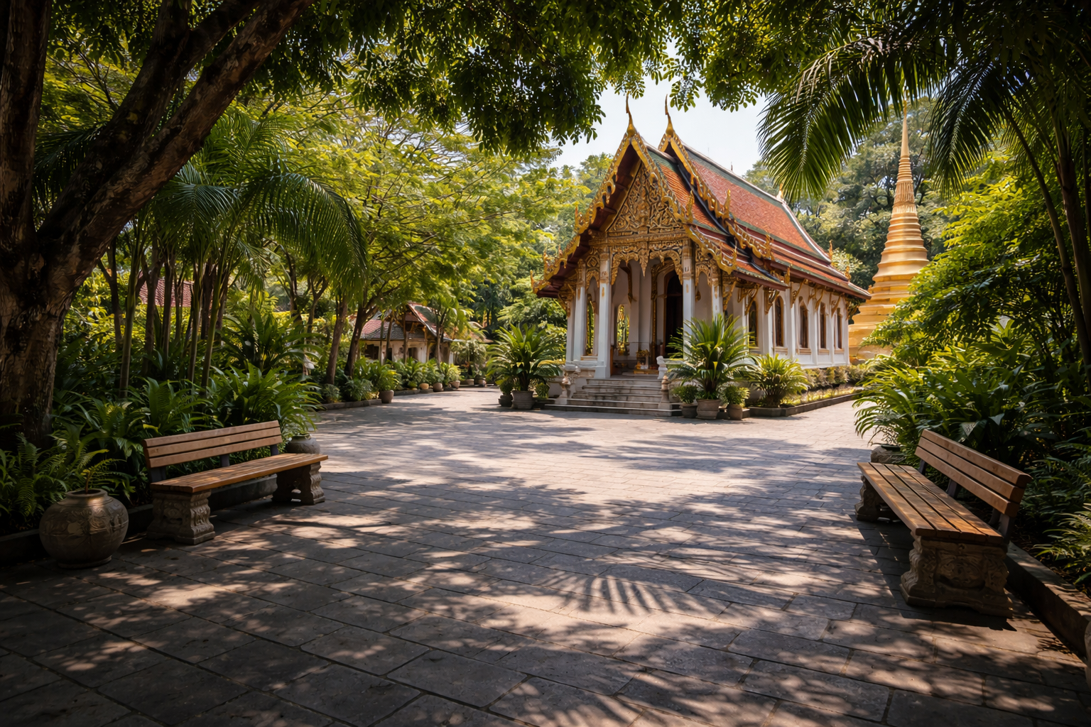 Shaded temple courtyard heat break